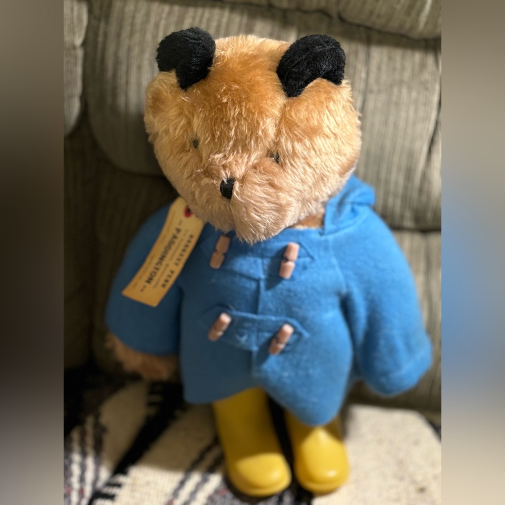 Vintage 1975 Paddington Bear Plush Blue Coat Yellow Rubber Boots Eden Toys, 18”